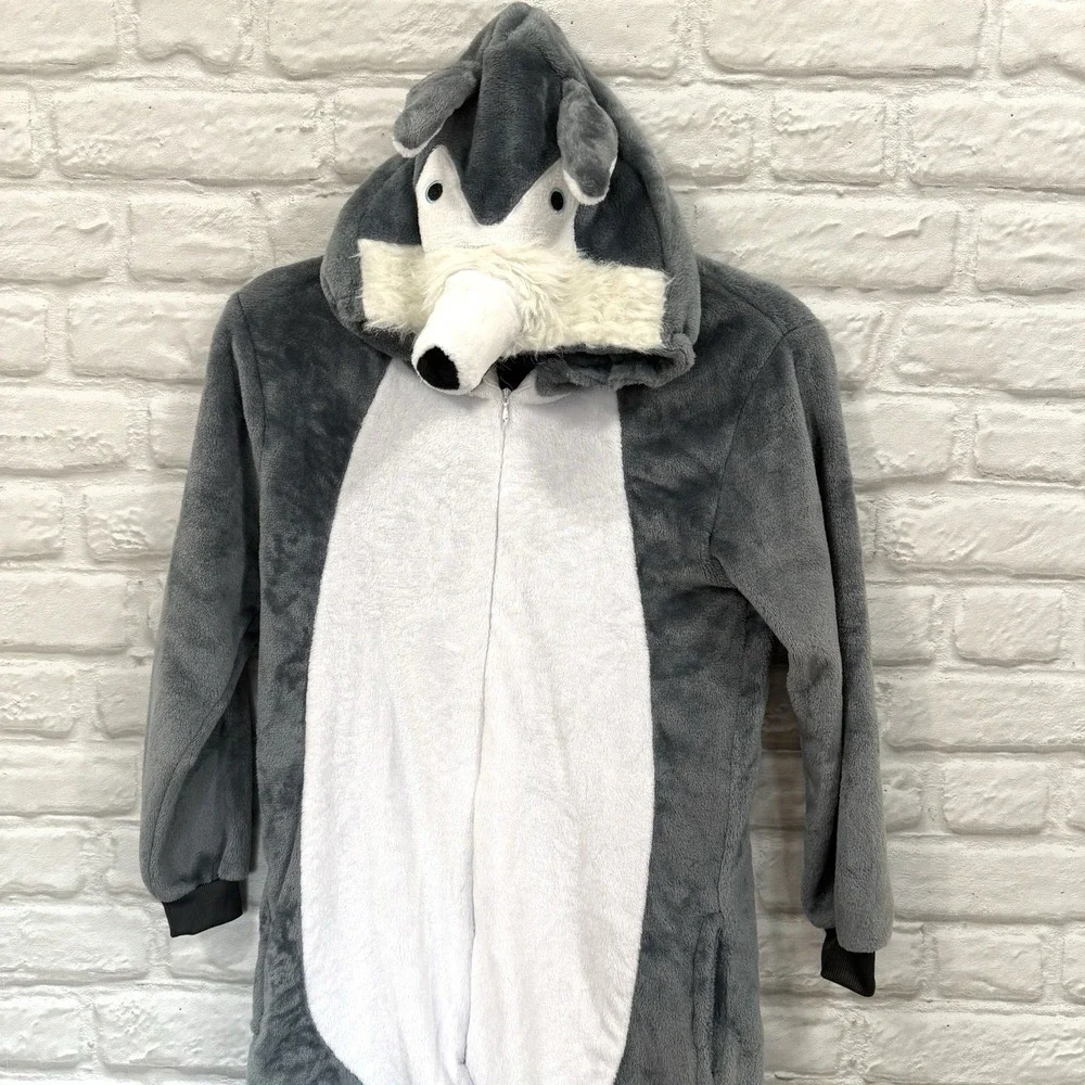 Kids Wolf One-Piece Halloween Costume Sz 6-10 Gray Warm Body Suit Fast Shipping!